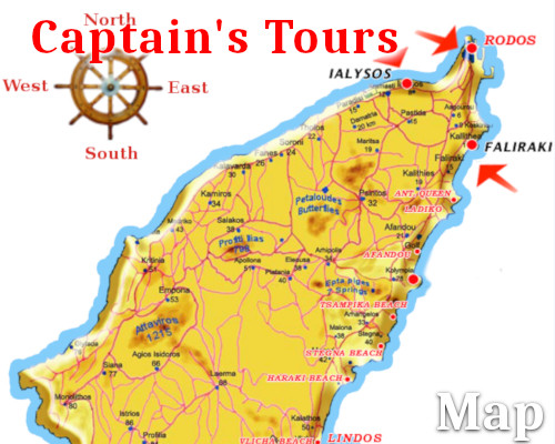 Mapa Rhodos | Captains Tours Rhodos Řecko
